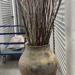 Antique Unglazed Terracotta Olive Jar On A Wrought Iron Stand