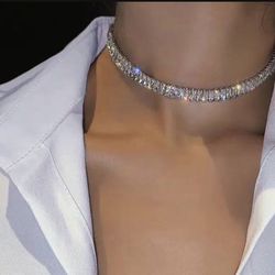 Gorgeous Silver And Cz Choker Style Necklace 