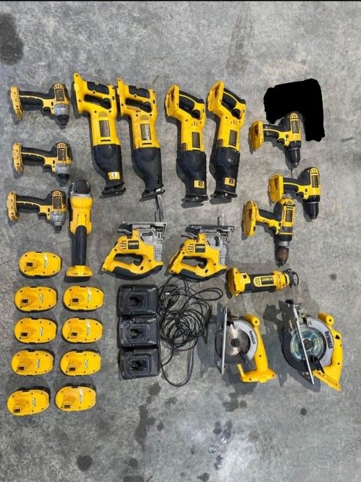 16 Dewalt Cordless Tools (18 Volt) With 8 Batteries And 3 Chargers