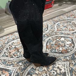 Slightly Over The Knees Black Bedazzled Cowgirl Boots  