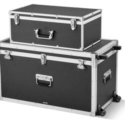 Storage Trunk, Set of 2, Wooden Suitcase Storage Boxes with Padlocks, Large Trunk Includes Casters & 3 Metal Handles, Decorative Store Chest with Lids