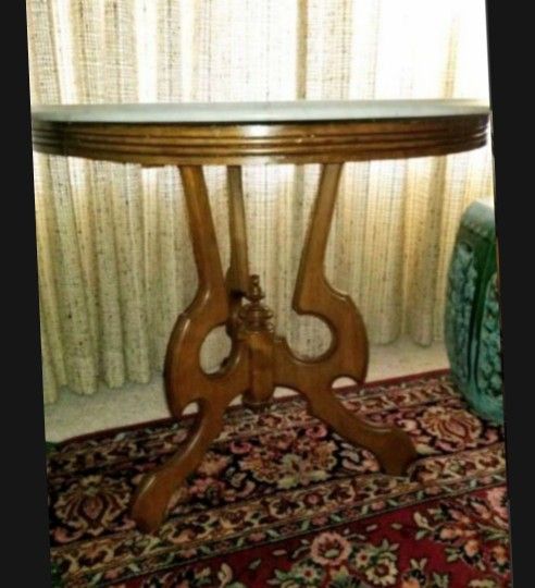 Antique Victorian Walnut Round Marble Top Table - 1800's