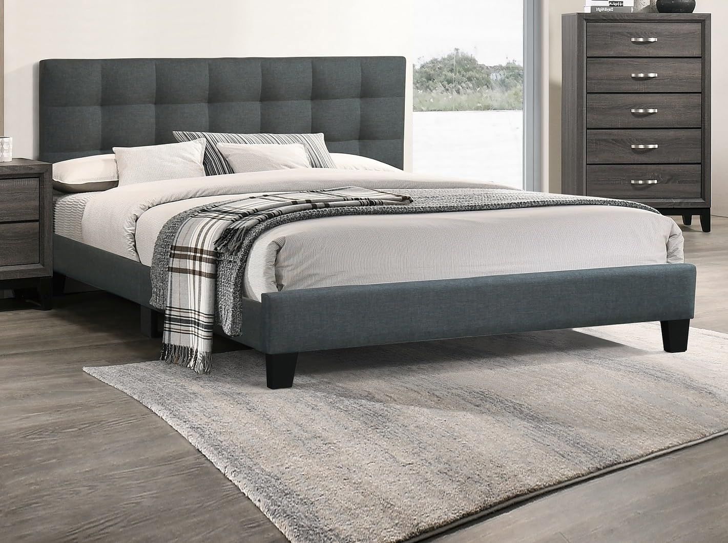Modern Platform Bed Frame with Tufted Upholstered Headboard, No Box Spring Needed, Charcoal Gray