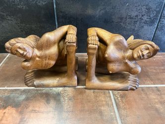 Vintage 7.5” Balinese Hand-Carved Wood Figural Bookends – Male & Female Pair