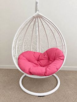 White Wicker Hanging Egg Chair with Pink Cushion