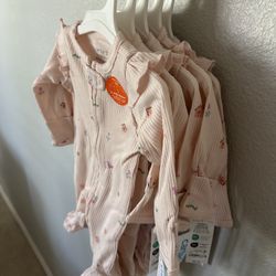 Bundle of Carter's Light Pink Ribbed Floral Bird 2-way Zip Footie