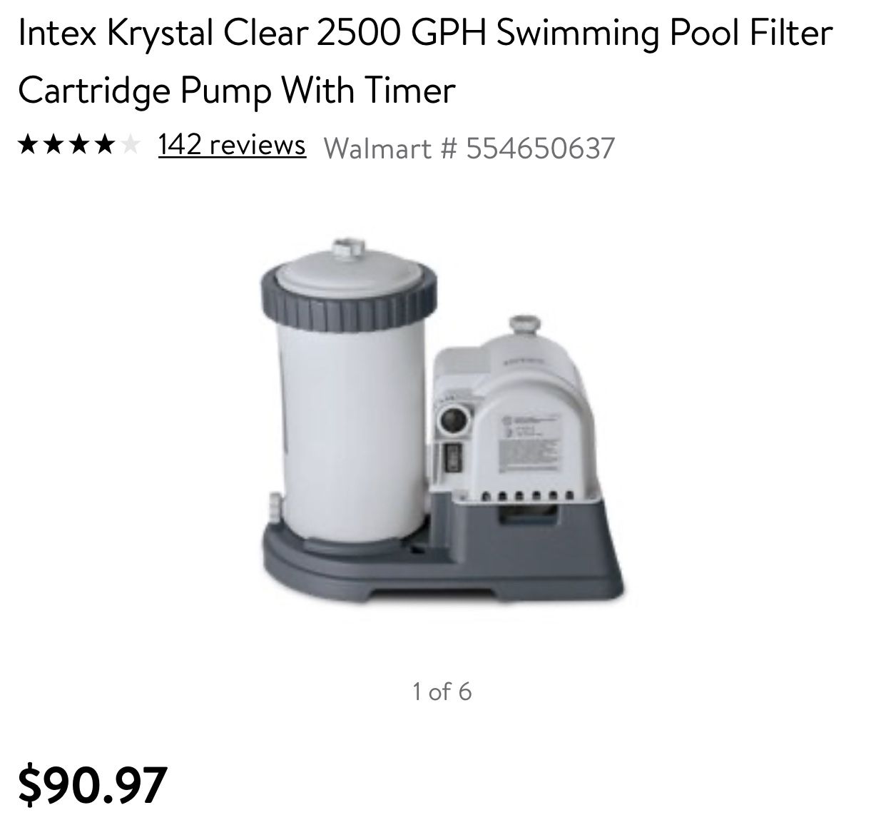 Intex Krystal Clear 2500 GPH Swimming Pool Filter Cartridge Pump With Timer - $90 retail