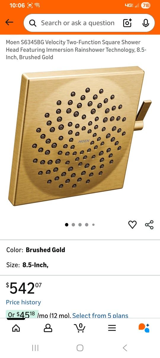 Moen S6345BG Velocity Two-Function Square Shower Head Featuring Immersion Rainshower Technology, 8.5-Inch, Brushed Gold