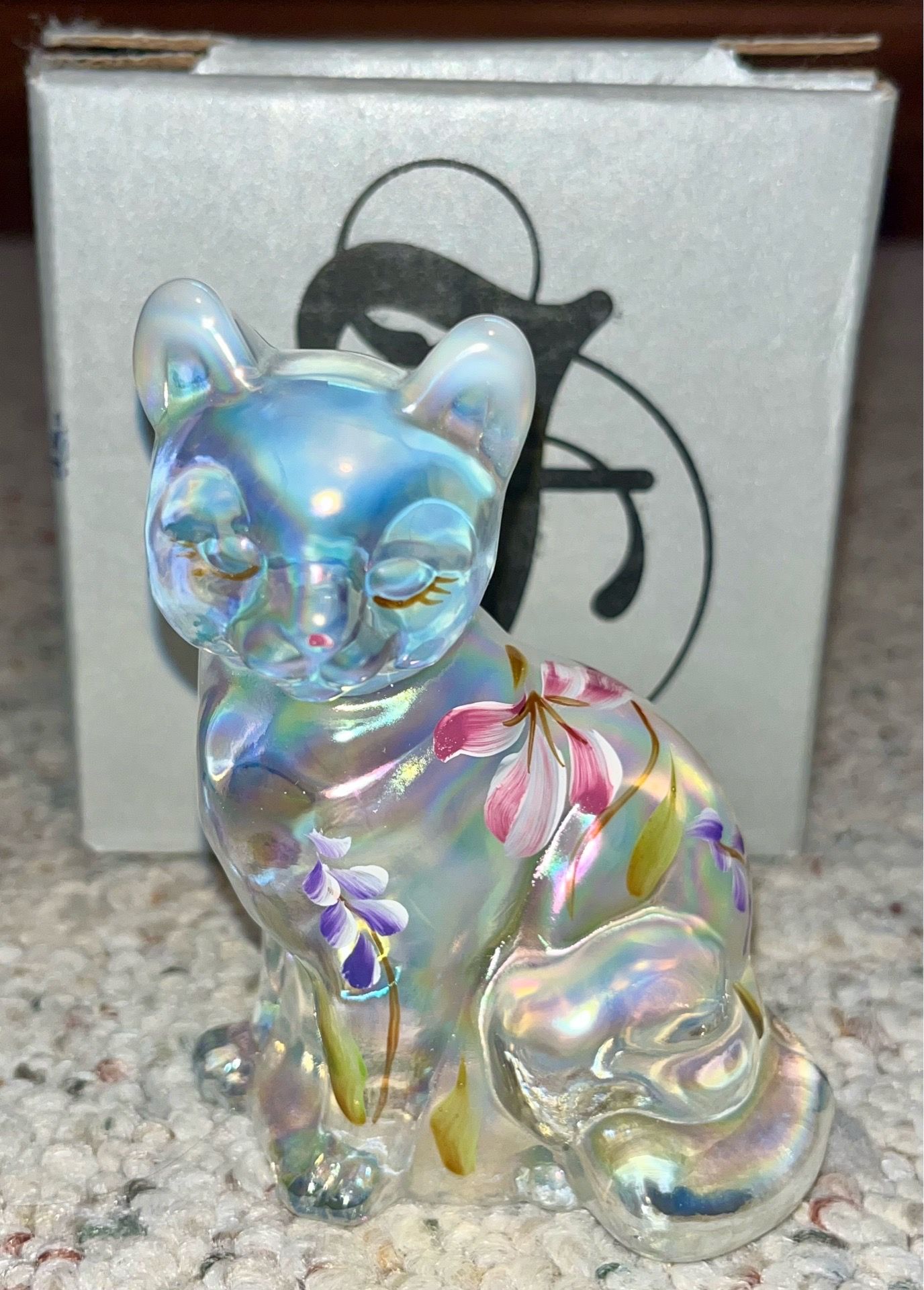 Fenton Glass French Opalescent Cat Hand-painted by K.S. Buskirk - NEW IN BOX