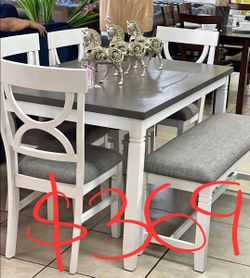 White Solid Wood Dining Table Set With Chairs And Bench 60x36x30 "