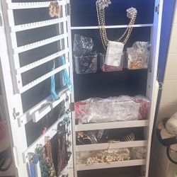Jewelry Cabinet With Full-Length Mirror, Lockable Organizer, White
