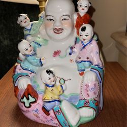 Chinese Porcelain Laughing Buddha With Five Children Figurine 8" 
