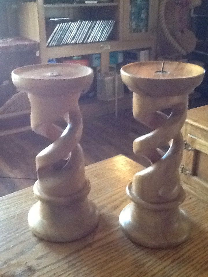Pair of burrow wood carved candle stands
