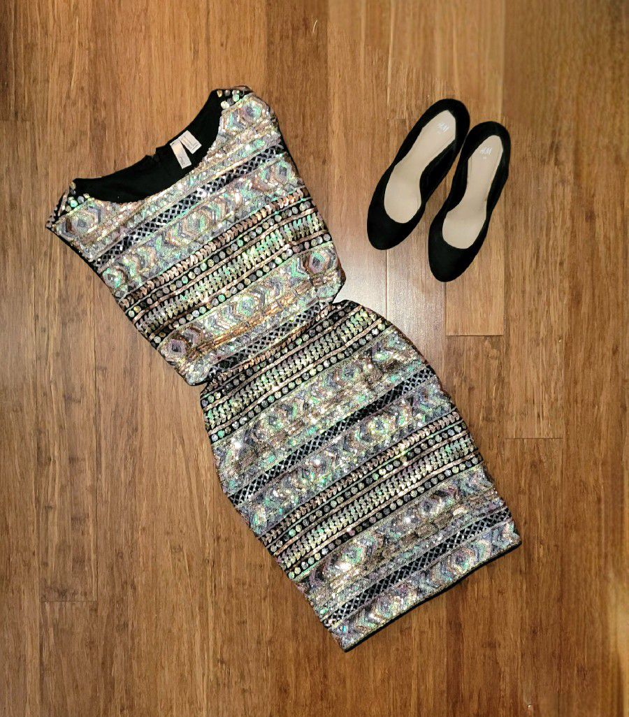 Multicolored Sequins Dress Size M Zipper on back With Cut-outs on Sides 
