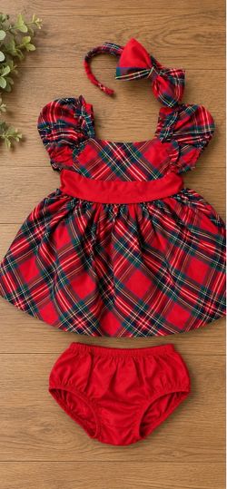🎀 Girls’ Plaid Holiday Dress Outfit – 3 Piece Set