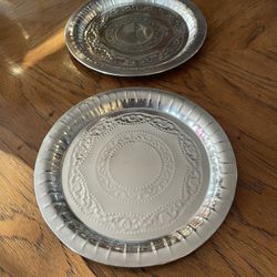 2 Round Metal Silver Colored Serving Trays or Platters
