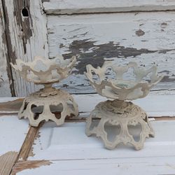 Ornate Filigree Cast Iron Candle Holders Pair Garden Architectural 