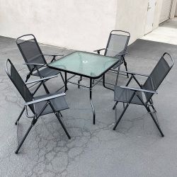 New in box $100 Outdoor 5 Piece Patio Set (32x32” Table and 4pc Folding Chairs) Garden Furniture