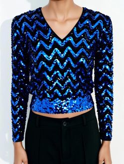 Vintage Three Flaggs USA Blue Black Sequence Shoulder pads Size M Long Sleeve V
