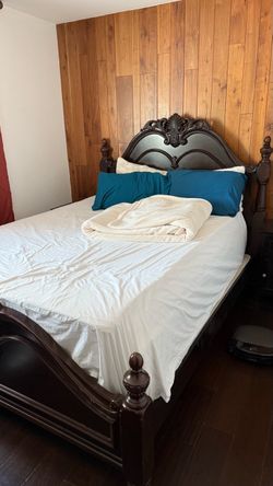Queen Size Ornate Wood Bed Frame + Mattress