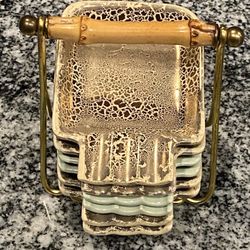 Vintage Ceramic Ashtray Set by Ü Ceramic 4 Beige /Gold & 2 Bluish green Ashtrays. 50s Retro Design Mid Century Space Age Each is approximately 2.5” x 