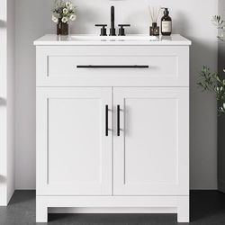 30" Bathroom Vanity with Sink, 1 U-Shaped Drawer & 2 Doors, White