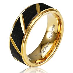 Men's Women's 8mm Tungsten Carbide Black Gold Grooved Comfort-Fit Polished Engagement Wedding Band