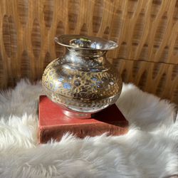 Vintage Brass Silver Gold Etched Urn Vase Round Floral Display Decor Boho Anthro Plant Pot Metal    