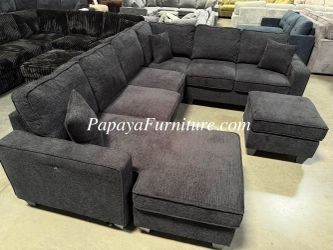NEW Black Chenille Fabric Sectional Couch Reversible Chaise Left or Right Ottoman Set Modern Contemporary Small Living Room Space Saving Big SALE 
