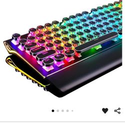  S108 Typewriter Keyboard, Retro Mechanical Gaming Keyboard Wired 108 Keys with RGB Backlit Sidelight, Detachable Wrist Rest, Round Keycaps Blue Switc