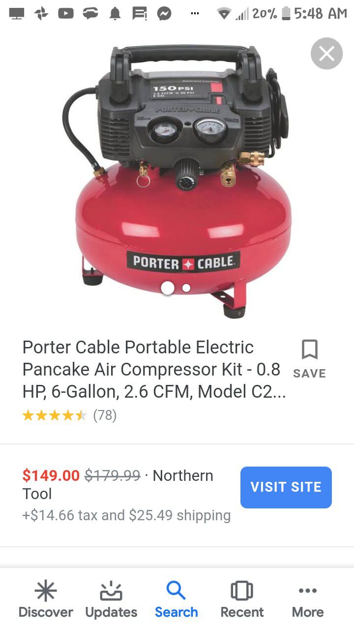 Porter Cable Portable Electric Pancake Air Compressor Kit - 0.8 HP, 6-Gallon, 2.6 CFM, Model C2