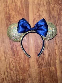 Disney Parks Minnie Mouse 50th Anniversary Gold Sequin Blue Bow Ears Headband Sh