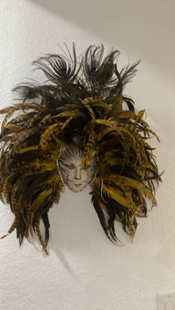 Venetian porcelain Decorative Mask with  original Peacock Feathers