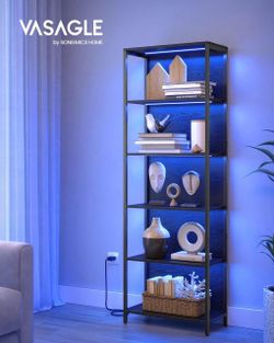 6-Tier LED Bookshelf, Display Shelf with Dimmable Lights LED Bookcase with Steel Frame, 11.9 x 23.6 x 70.3 Inches, Black with Wood Grain, BARNET Colle