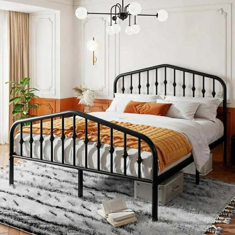 Queen Size Bed Frame, Metal Platform Bed with Victorian Vintage Headboard & Footboard, Black