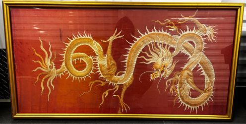 Large Vintage Asian Silk Embroidered Dragon Wall Art – Gold Frame – 44" x 22.5"