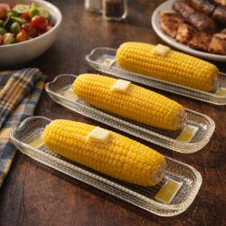 Vintage 1960s Set Of 3 Clear Pressed Glass Corn On The Cob Trays, 8.5x3” DAMAGED