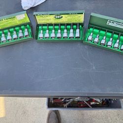 Vintage S-K Tools 3× 7-Piece 3/8″ Drive Hex Bit Socket Sets USA Green Metal Boxes Lot