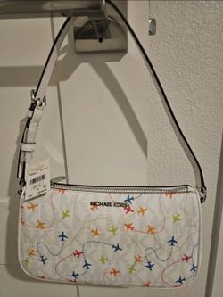 NWT Michael Kors Jet Set White Airplane Print East West Pouchette Bag Travel