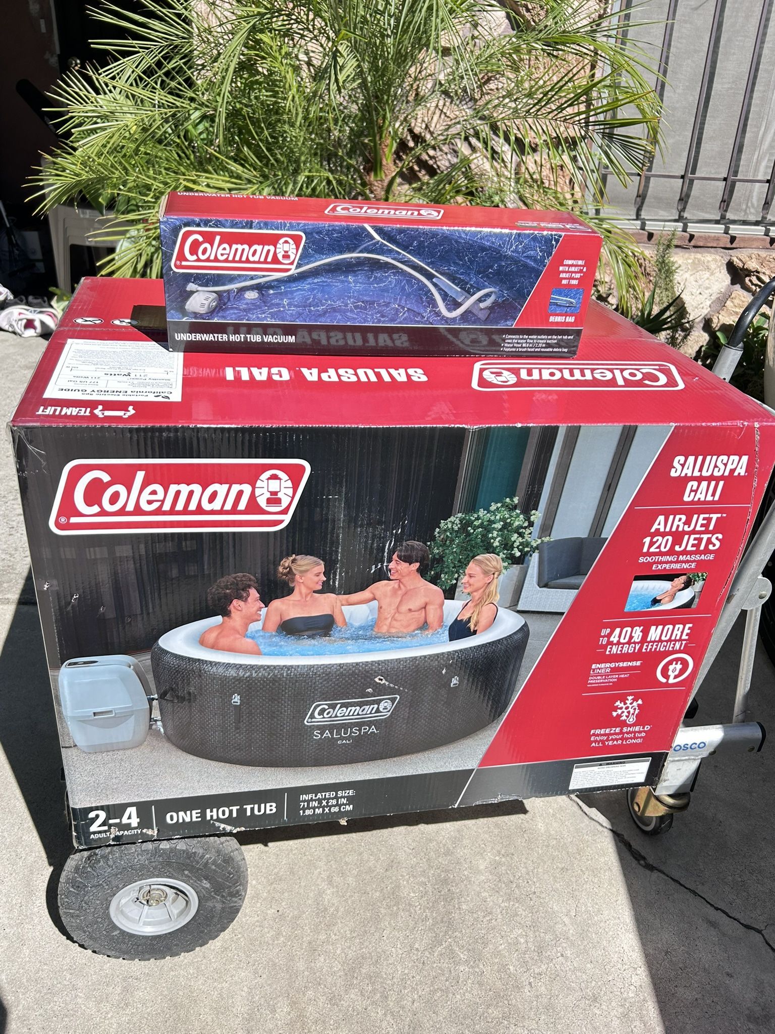 Combo: Coleman 71" x 26" Cali EnergySense AirJet 4 Brown Wicker Round Inflatable Hot Tub with 2-4 Person with Pump #P08411 Coleman Underwater Spa Vacu