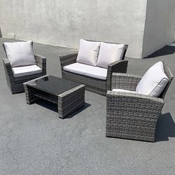 (NEW) $295 Patio 4-Piece Outdoor Wicker Furniture Rattan Set (Sofa 48x26”, Chair 29x26”, Table 34x20”) 