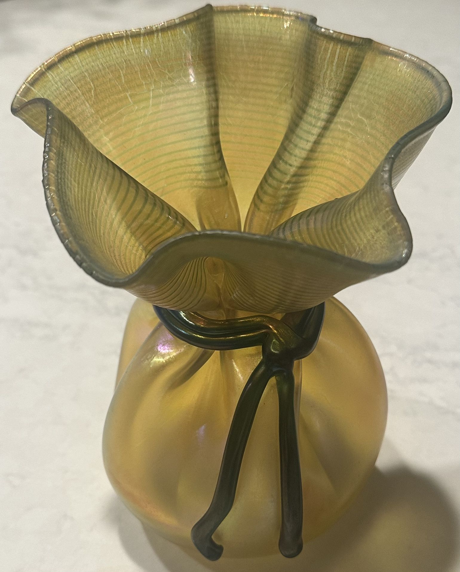 Orient & Flume Gold Luster imIridescent Art Glass Bag Vase with green tie- Smallhouse