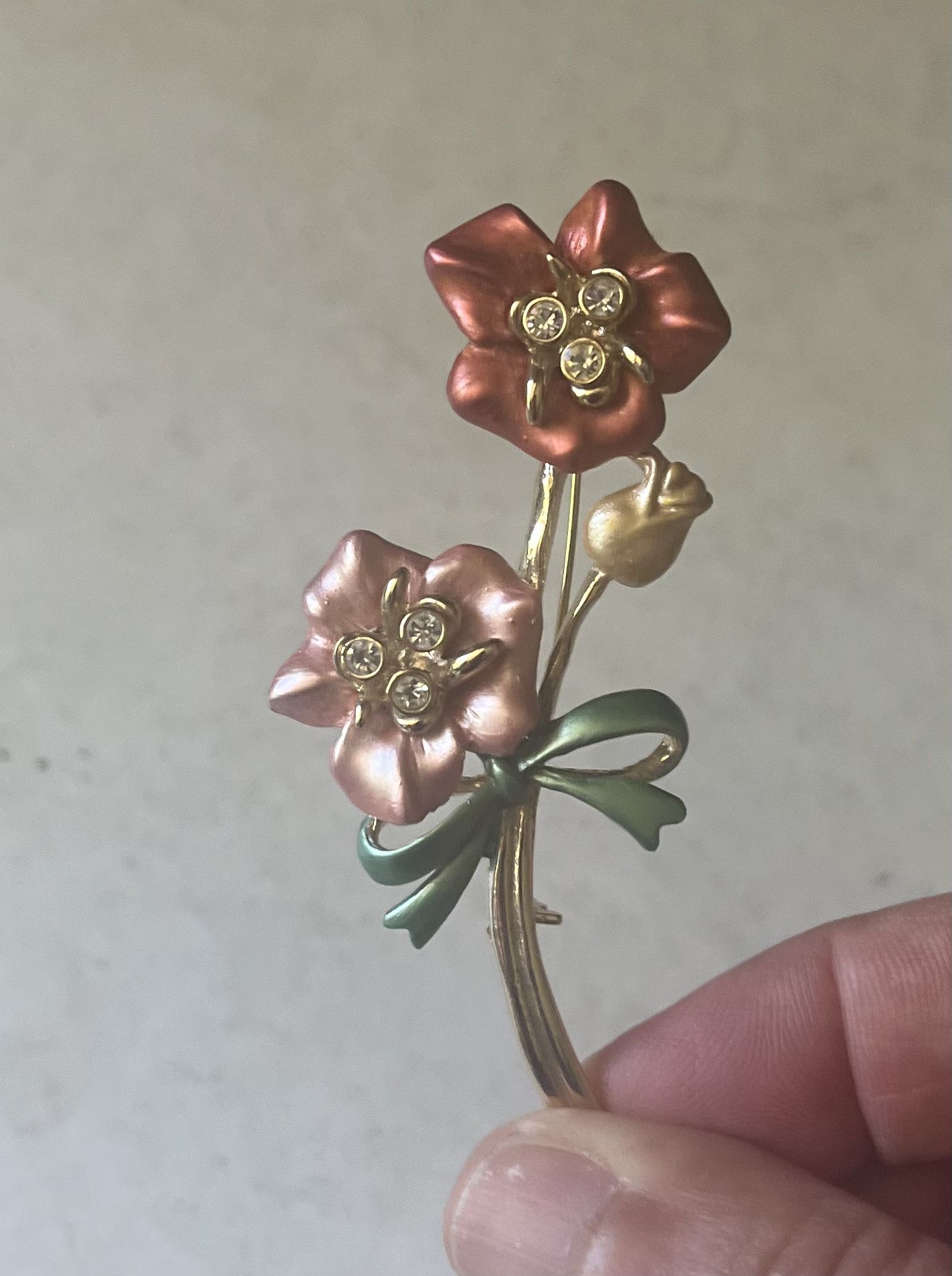 Vintage Enamel Floral Brooch Rhinestones Gold Metal Bouquet Cottage Fairy Core