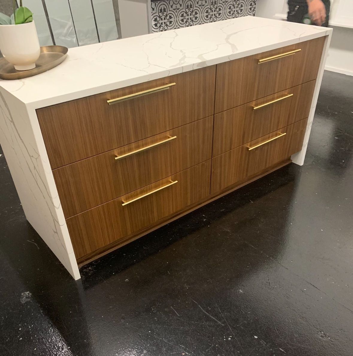 Marble Stone Waterfall Kitchen Island - Soft Close Drawers
