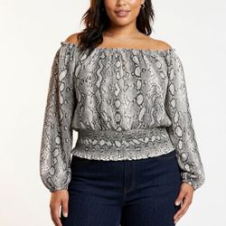 Michael Kors Mob Wife Silk Snakeskin Off-Shoulder Smocked Waist Blouse XL