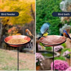Monarch Abode Pure Copper Hand Hammered Standing Bird Bath and Feeder w/ Iron Stand