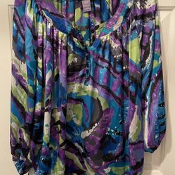 Laura Scott Woman 2X Blouse Blue Purple Green Abstract Print Smocked Hem Boho