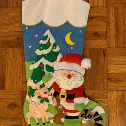 Bucilla Santa Deer Animal Trees Deer Rabbit Raccoon Sock Felt Appliqué Sequin Bead Christmas Stocking Kit hand made, lined 