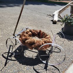 Metal Garden Cart With Pinecone Wreath