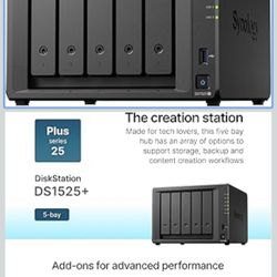 Synology 5-Bay DiskStation DS1525+ (Diskless)  The Synology DiskStation DS1522+ is a high-performance 5-bay NAS enclosure designed for professional us